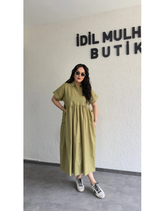 Yağ Yeşili Cep Detaylı Poplin Elbise