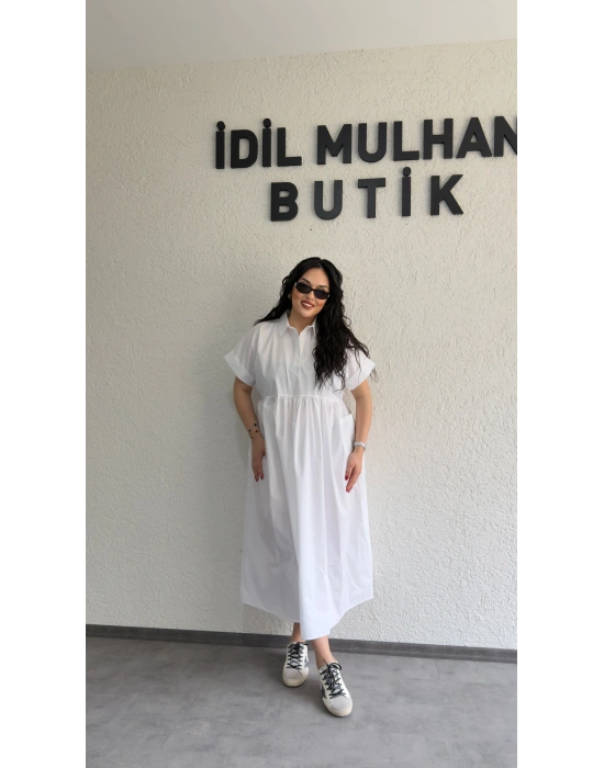 Beyaz Cep Detaylı Poplin Elbise