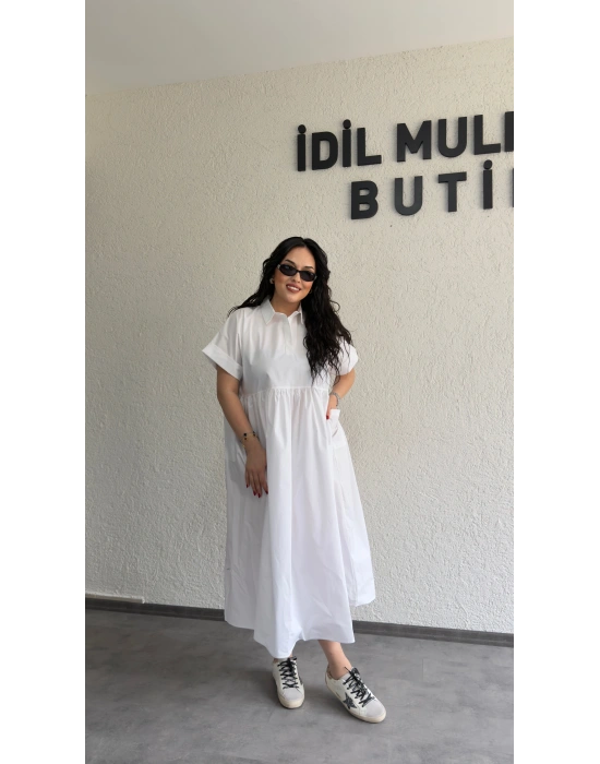 Beyaz Cep Detaylı Poplin Elbise