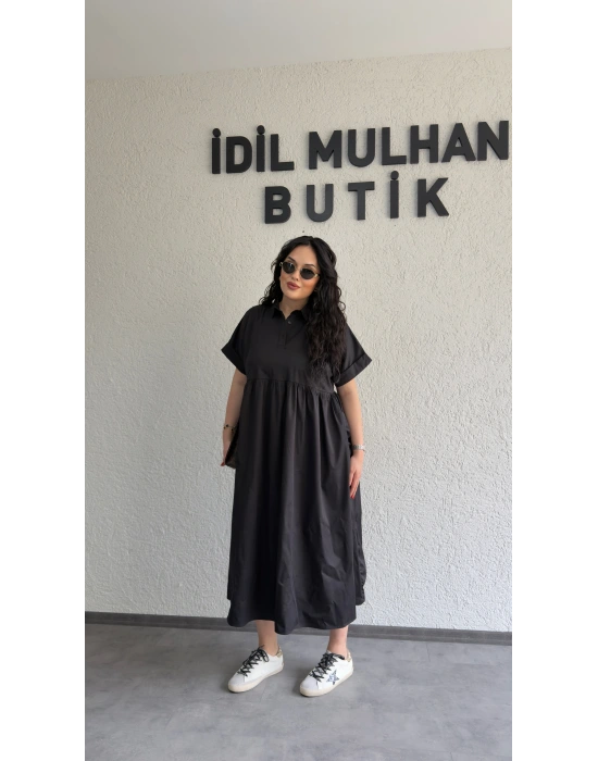 Siyah Cep Detaylı Poplin Elbise