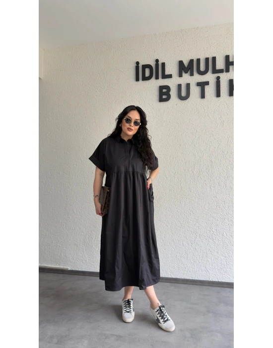 Siyah Cep Detaylı Poplin Elbise