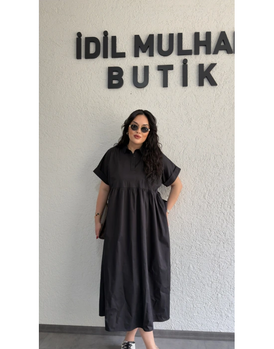 Siyah Cep Detaylı Poplin Elbise