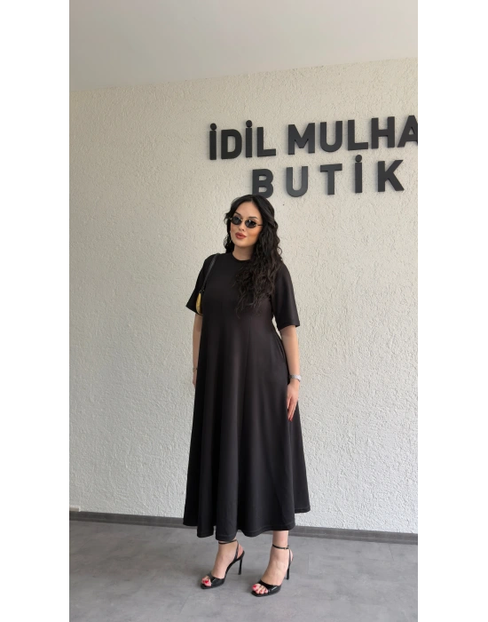 Siyah Oysh Kumaş Godeli Elbise