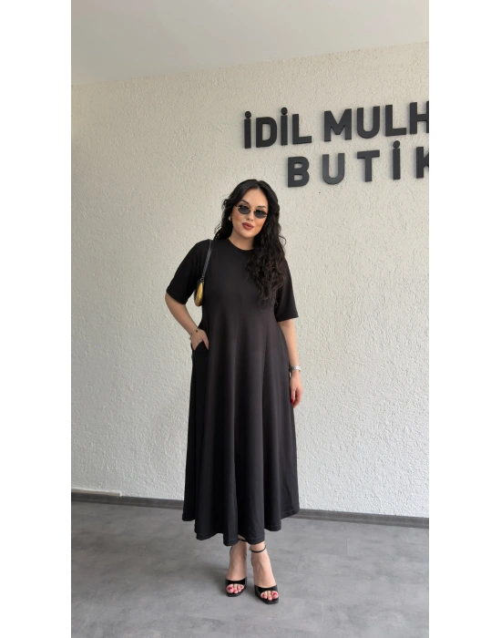 Siyah Oysh Kumaş Godeli Elbise