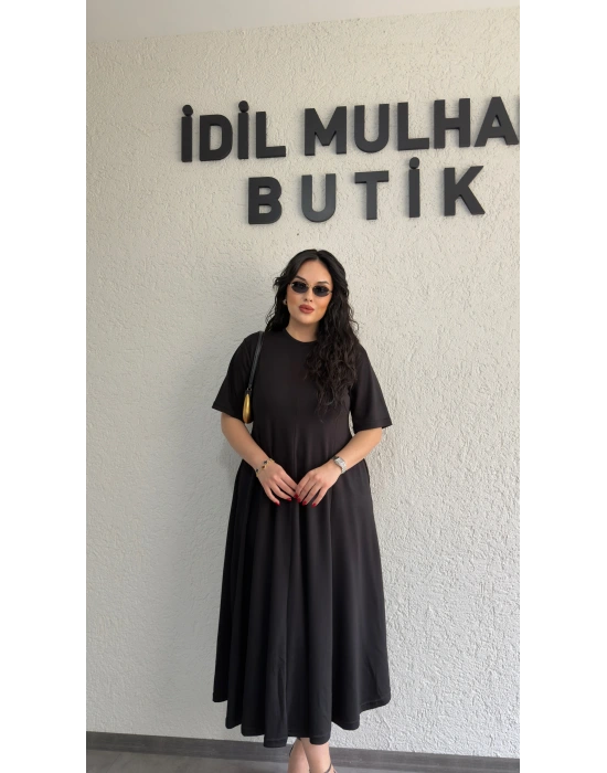 Siyah Oysh Kumaş Godeli Elbise