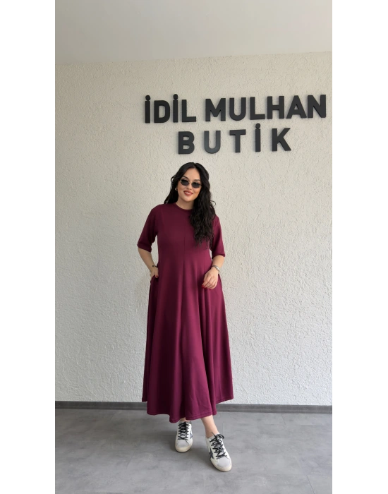 Bordo Oysh Kumaş Godeli Elbise