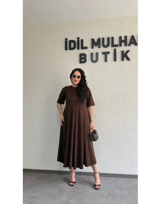 Kahverengi Oysh Kumaş Godeli Elbise