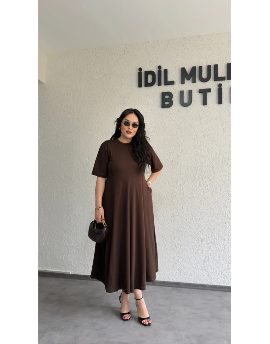 Kahverengi Oysh Kumaş Godeli Elbise
