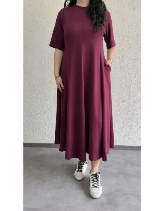 Bordo Oysh Kumaş Godeli Elbise
