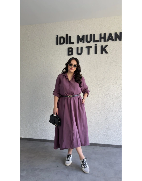 Mürdüm Tensel Dokulu Kemerli Elbise