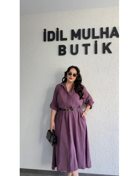 Mürdüm Tensel Dokulu Kemerli Elbise