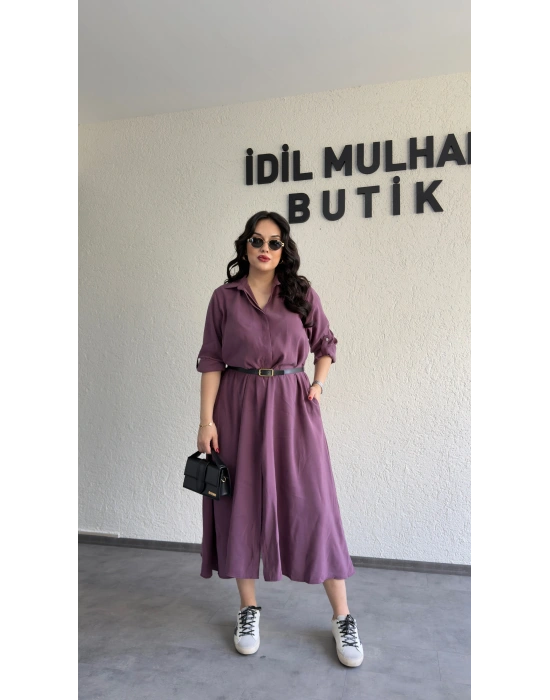 Mürdüm Tensel Dokulu Kemerli Elbise