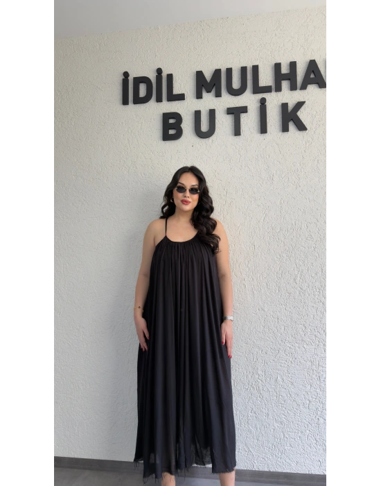 Siyah Ayarlanabilir Askılı Pamuk Elbise
