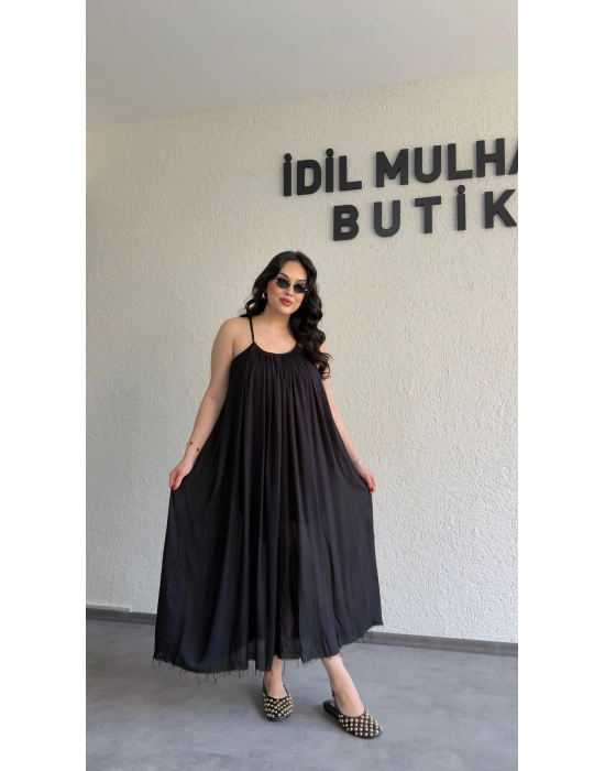 Siyah Ayarlanabilir Askılı Pamuk Elbise