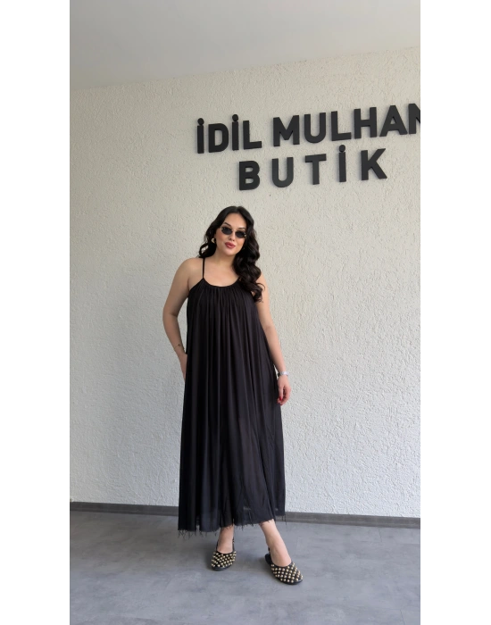 Siyah Ayarlanabilir Askılı Pamuk Elbise