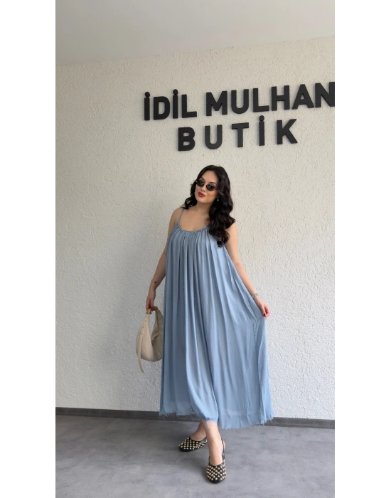 Buz Mavisi Ayarlanabilir Askılı Pamuk Elbise