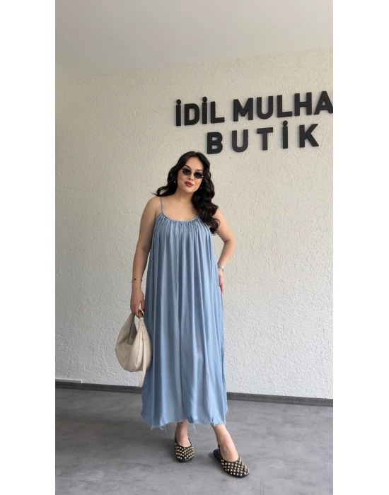 Buz Mavisi Ayarlanabilir Askılı Pamuk Elbise