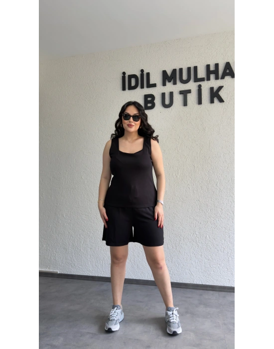 Siyah Oysh Kumaş Şortlu Takım