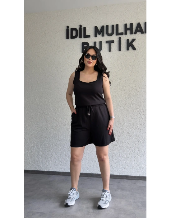 Siyah Oysh Kumaş Şortlu Takım