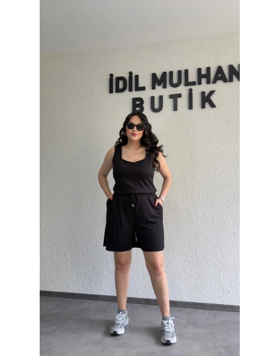 Siyah Oysh Kumaş Şortlu Takım