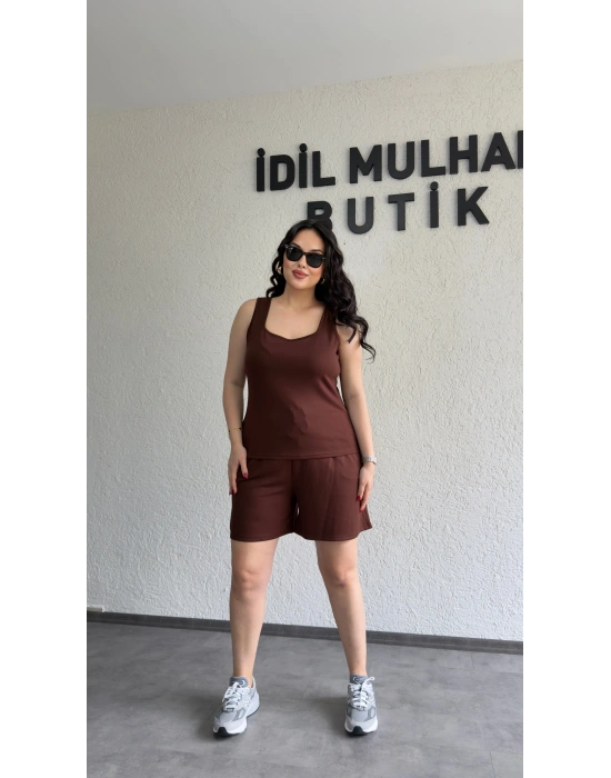 Kahverengi Oysh Kumaş Şortlu Takım