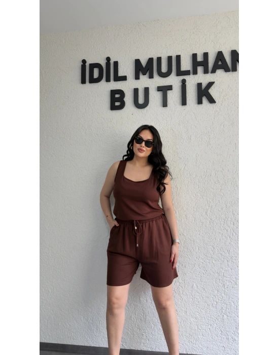 Kahverengi Oysh Kumaş Şortlu Takım
