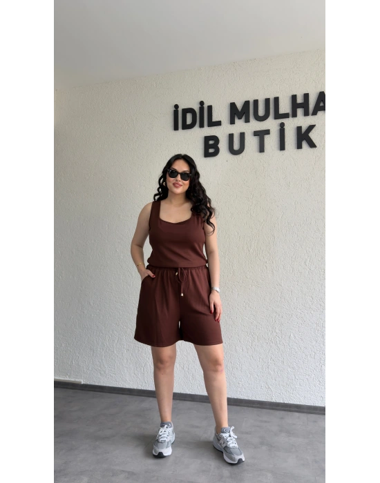 Kahverengi Oysh Kumaş Şortlu Takım