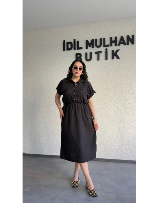 Siyah Kuşak Detaylı Krinkıl Elbise