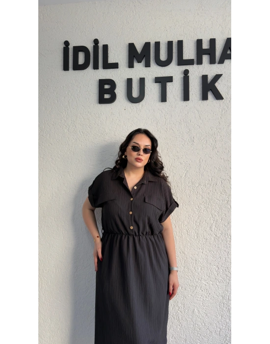 Siyah Kuşak Detaylı Krinkıl Elbise