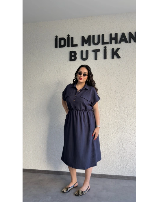 Lacivert Kuşak Detaylı Krinkıl Elbise