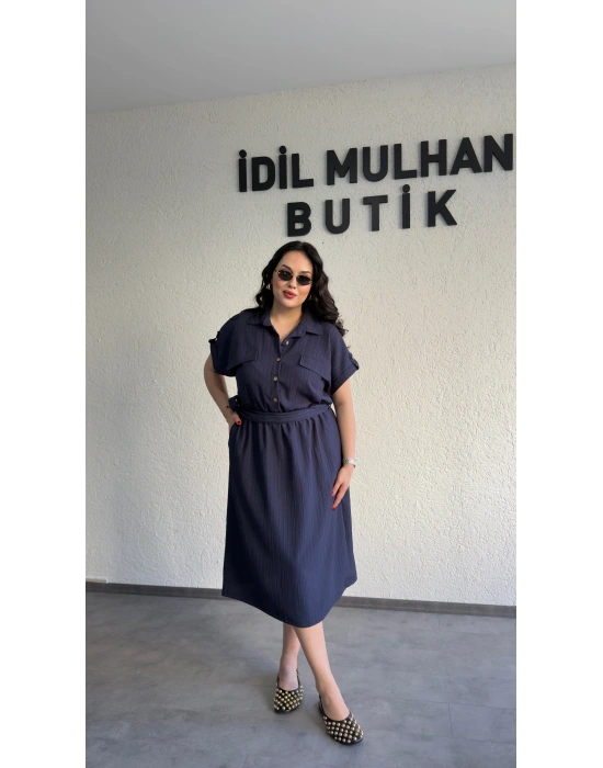 Lacivert Kuşak Detaylı Krinkıl Elbise