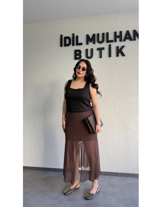 Kahverengi Astarlı Tül Etek