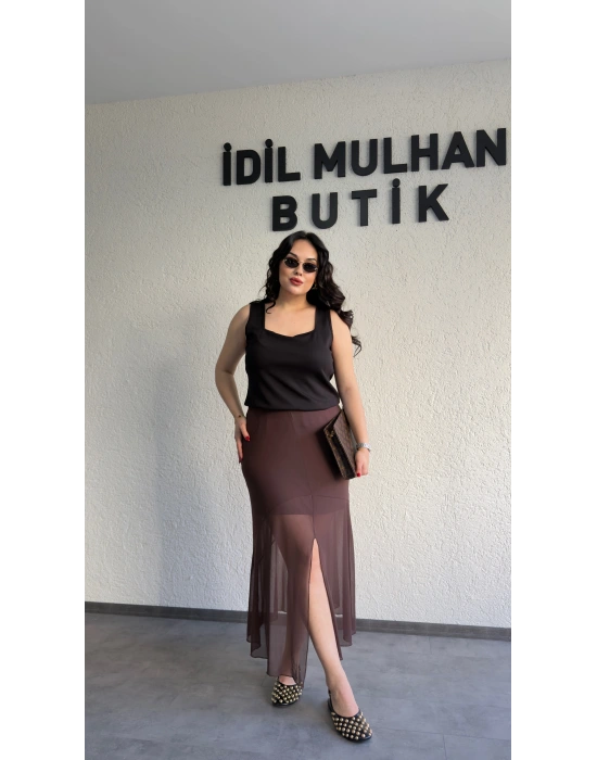 Kahverengi Astarlı Tül Etek