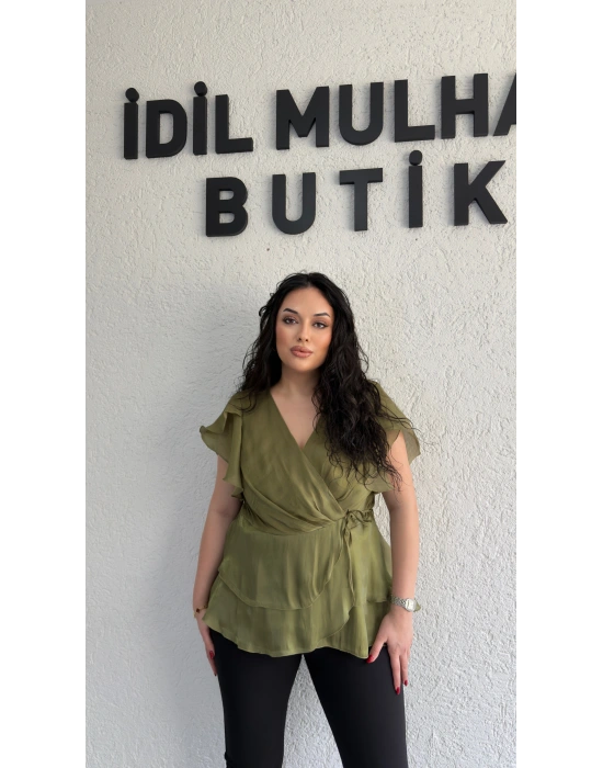 Haki Kruvaze Yan Bağcıklı Organze Bluz