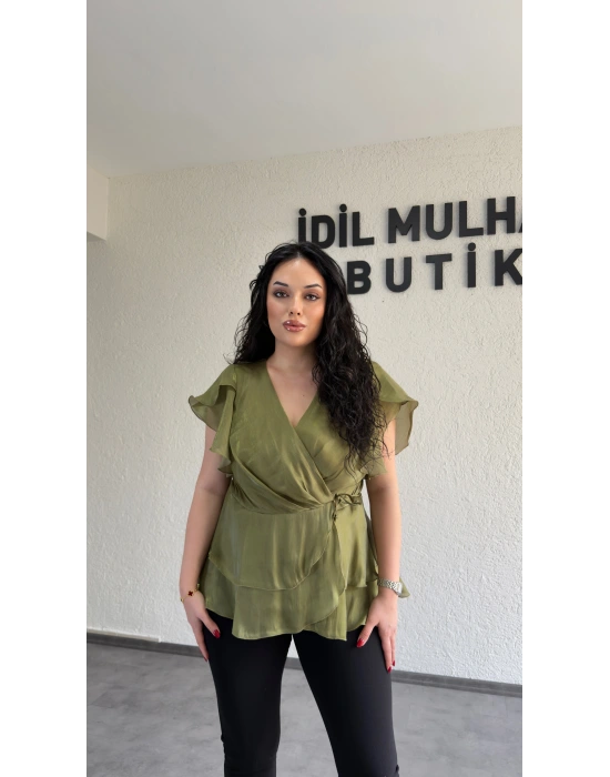 Haki Kruvaze Yan Bağcıklı Organze Bluz