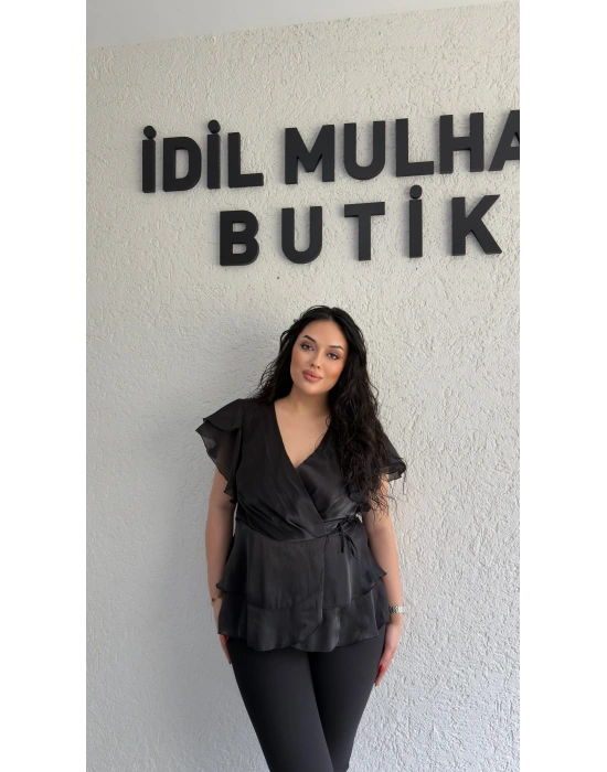 Siyah Kruvaze Yan Bağcıklı Organze Bluz