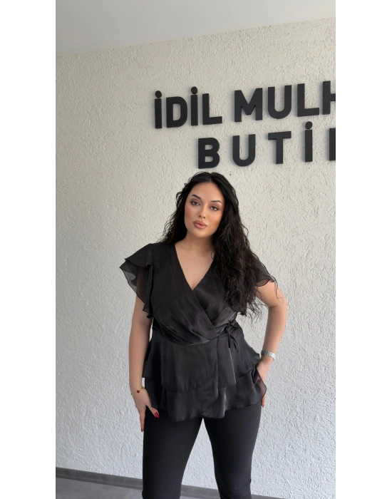 Siyah Kruvaze Yan Bağcıklı Organze Bluz