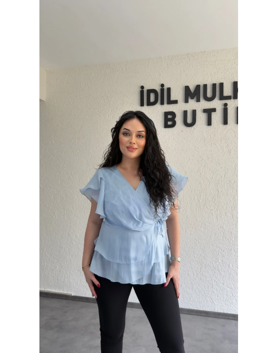 Bebe Mavisi Kruvaze Yan Bağcıklı Organze Bluz
