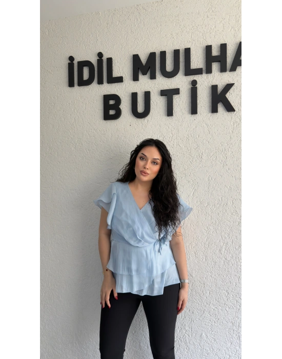 Bebe Mavisi Kruvaze Yan Bağcıklı Organze Bluz