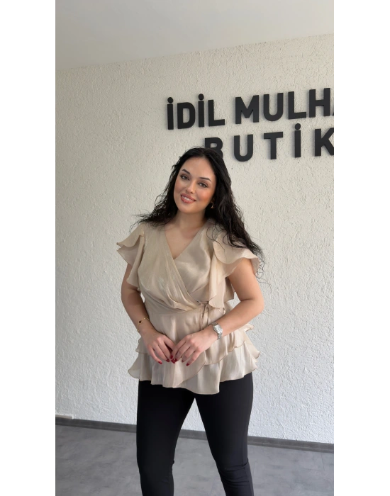 Taş Kruvaze Yan Bağcıklı Organze Bluz