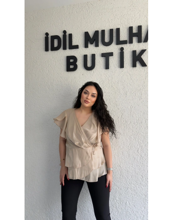 Taş Kruvaze Yan Bağcıklı Organze Bluz