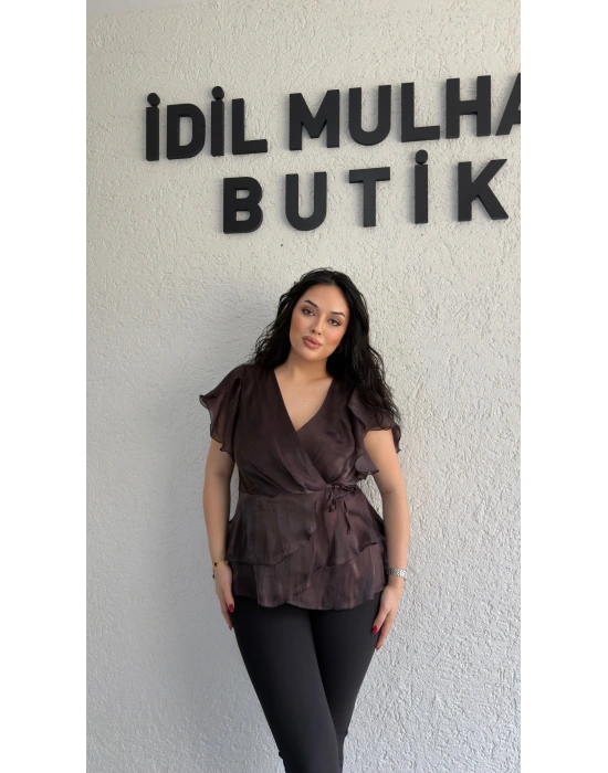 Kahverengi Kruvaze Yan Bağcıklı Organze Bluz