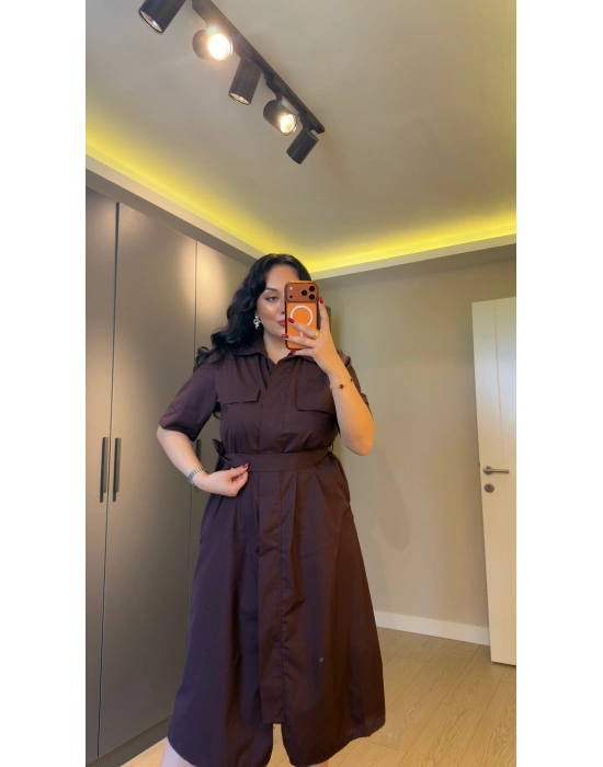 Bordo Süs Cep Detaylı Poplin Elbise