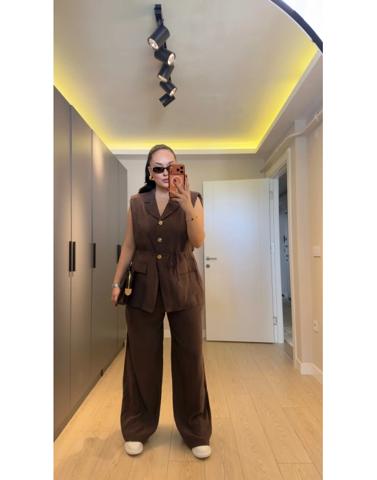 Kahverengi Premium Blazer Yelek Takım