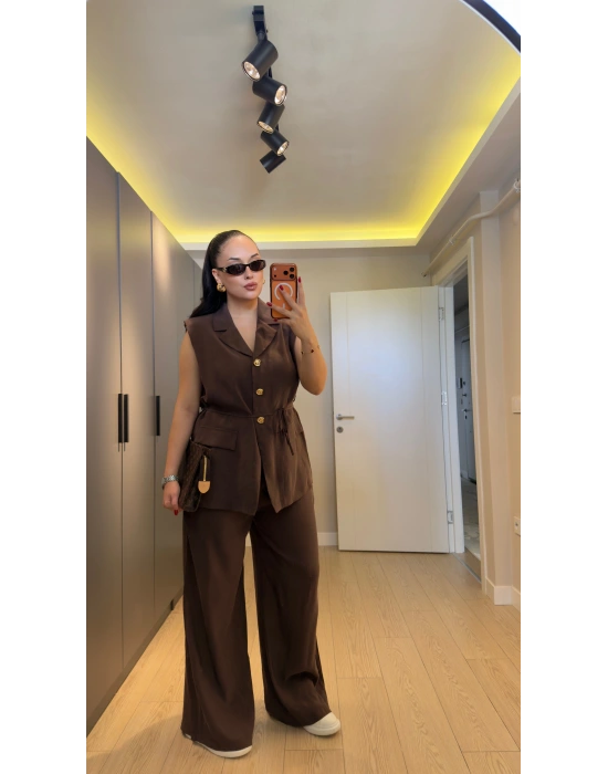 Kahverengi Premium Blazer Yelek Takım