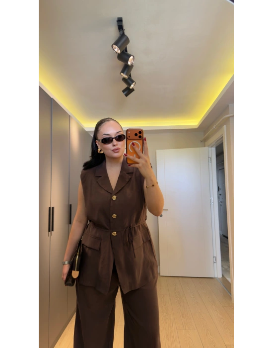 Kahverengi Premium Blazer Yelek Takım