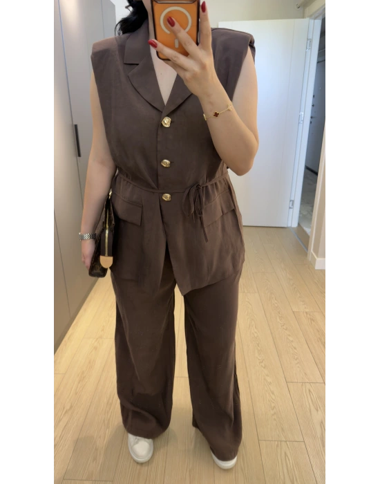 Kahverengi Premium Blazer Yelek Takım