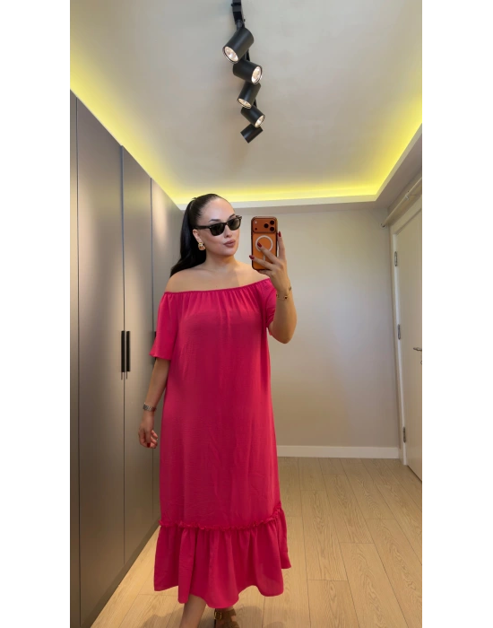 Pembe Madonna Yaka Etek Ucu Fırfırlı Elbise