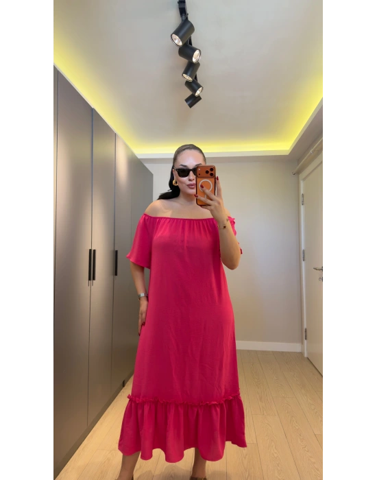 Pembe Madonna Yaka Etek Ucu Fırfırlı Elbise
