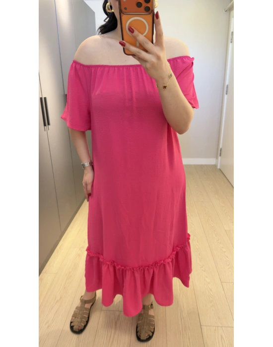 Pembe Madonna Yaka Etek Ucu Fırfırlı Elbise